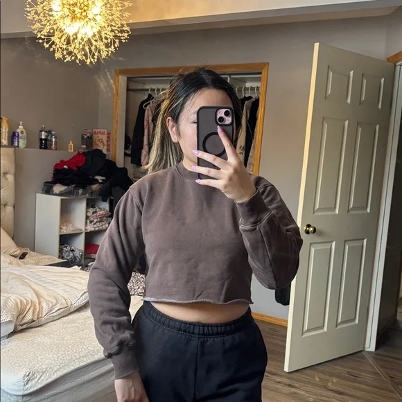 Aritzia/TNA Cropped Brown Crewneck Sweatshirt - Picture 6 of 6